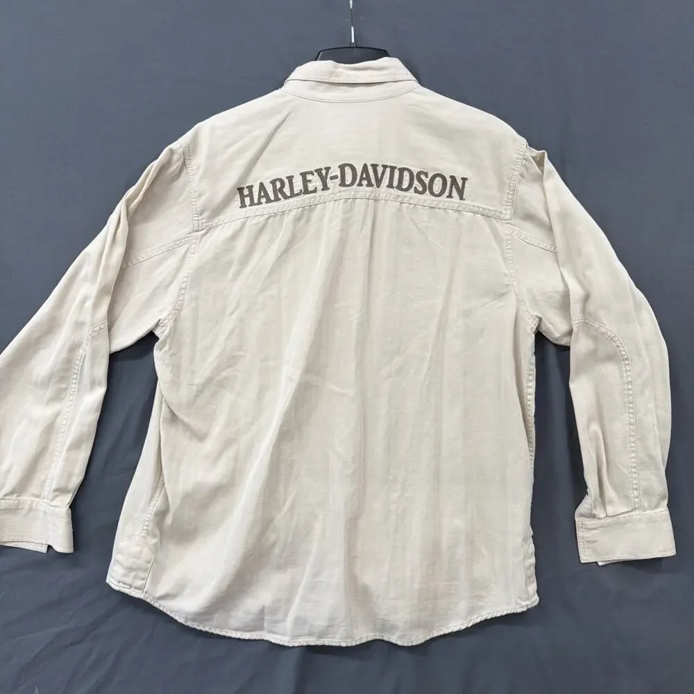 Harley Davidson Long Sleeve Button Up XL Men’s Beige Shirt HD Embroidered
